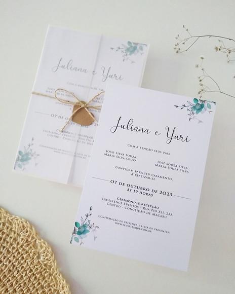 Convite Casamento Papel Vegetal Minimalista Folhas Verdes