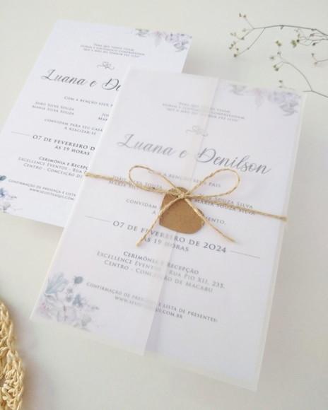 Convite Casamento Papel Vegetal Minimalista Floral Rústico
