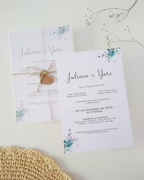 Convite Casamento Papel Vegetal Minimalista Folhas Verdes
