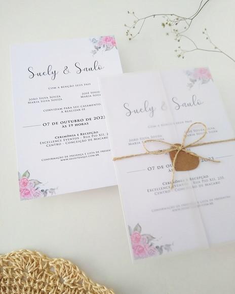 Convite Casamento Papel Vegetal Minimalista Floral Rosa