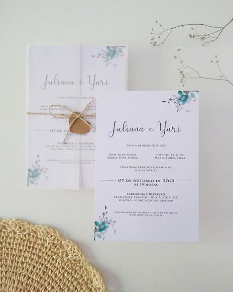 Convite Casamento Papel Vegetal Minimalista Folhas Verdes