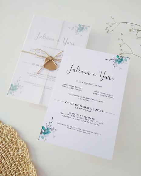 Convite Casamento Papel Vegetal Minimalista Folhas Verdes