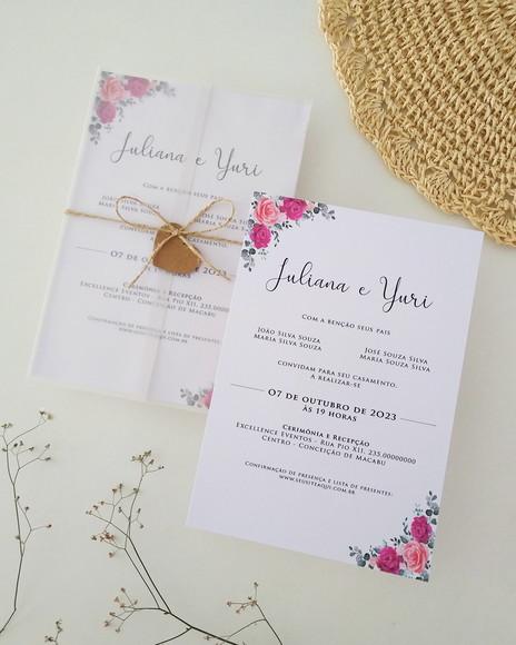 Convite de Casamento Papel Vegetal Floral Fúcsia