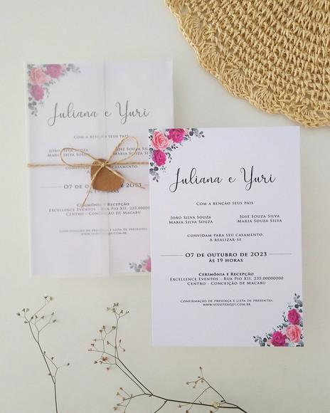 Convite de Casamento Papel Vegetal Floral Fúcsia