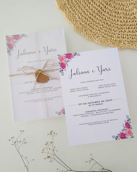 Convite de Casamento Papel Vegetal Floral Fúcsia