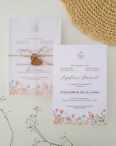 Convite de Casamento Papel Vegetal Floral Tons Pastéis