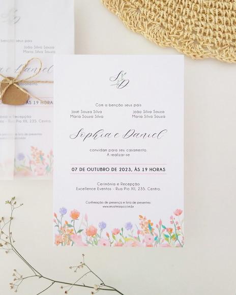 Convite de Casamento Papel Vegetal Floral Tons Pastéis