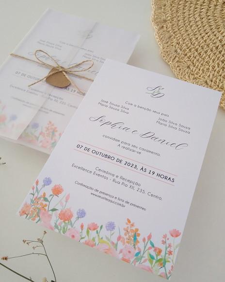 Convite de Casamento Papel Vegetal Floral Tons Pastéis
