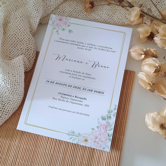 Convite de Casamento sem Envelope Floral Rosa