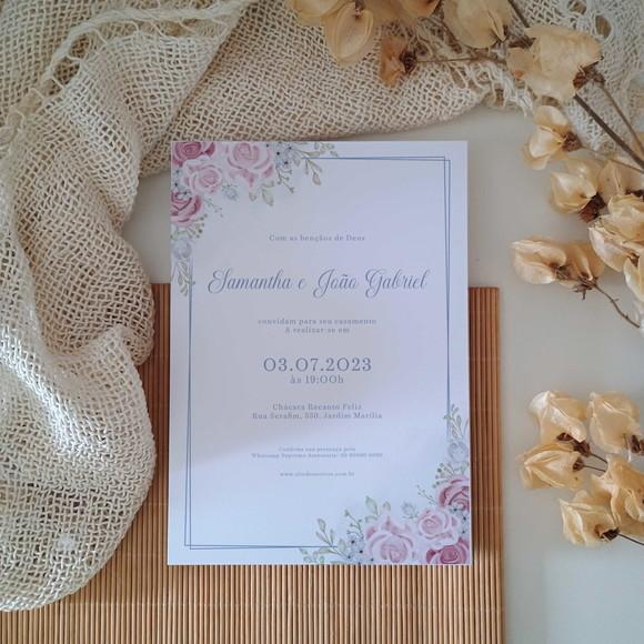Convite de Casamento sem Envelope Floral Rosa e Azul