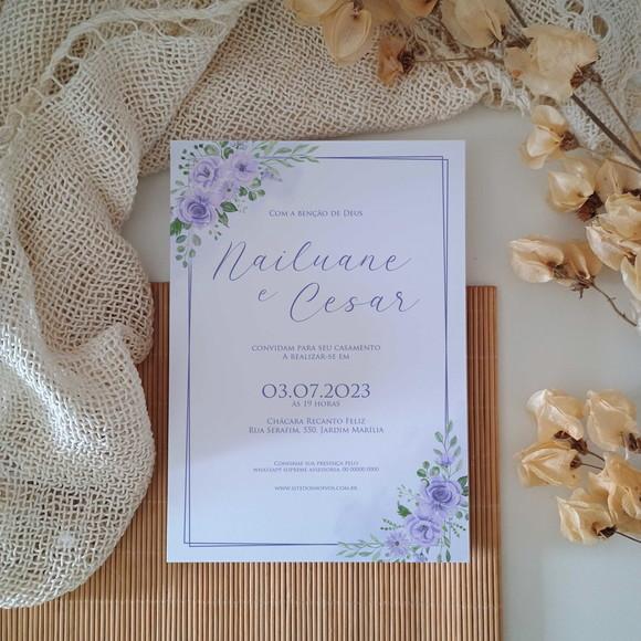 Convite de Casamento sem Envelope Floral Lavanda