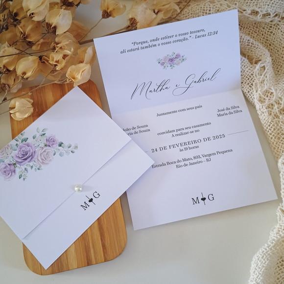 Promoção - Convite de Casamento Barato Floral Lilás e Rosa