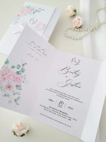 Convite Casamento Floral Rosa | Coleção Pétala