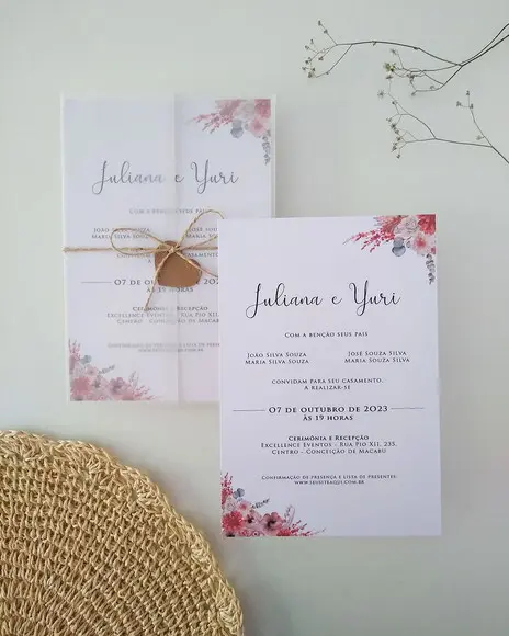 Convite Casamento Papel Vegetal Floral Boho Chic