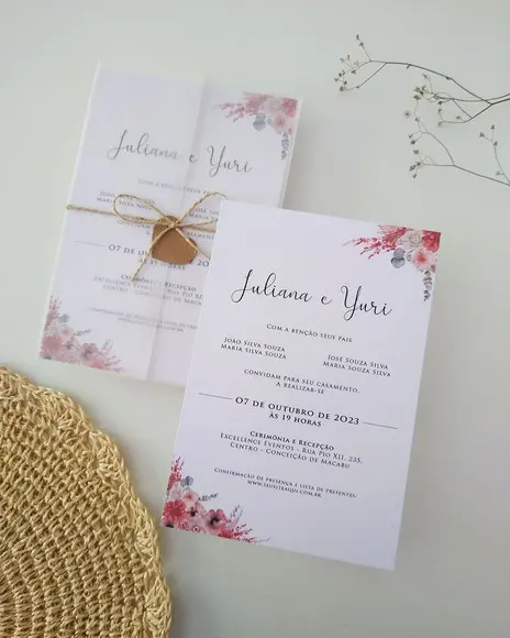 Convite Casamento Papel Vegetal Floral Boho Chic