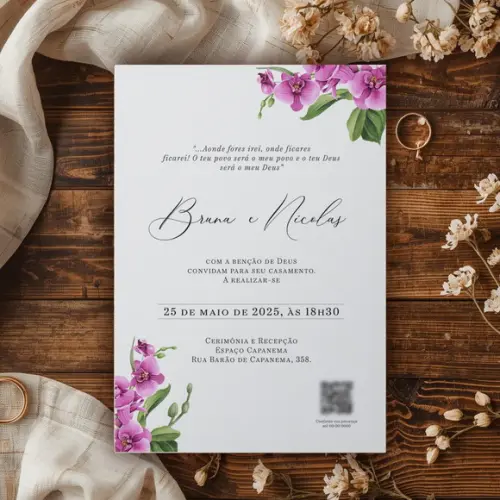 Convite Casamento Orquidea Fúcsia Rústico | Coleção Rubi