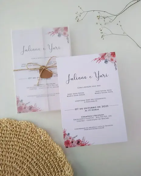 Convite Casamento Papel Vegetal Floral Boho Chic