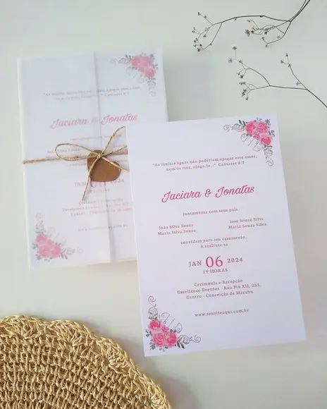 Convite Casamento Papel Vegetal Floral Coral
