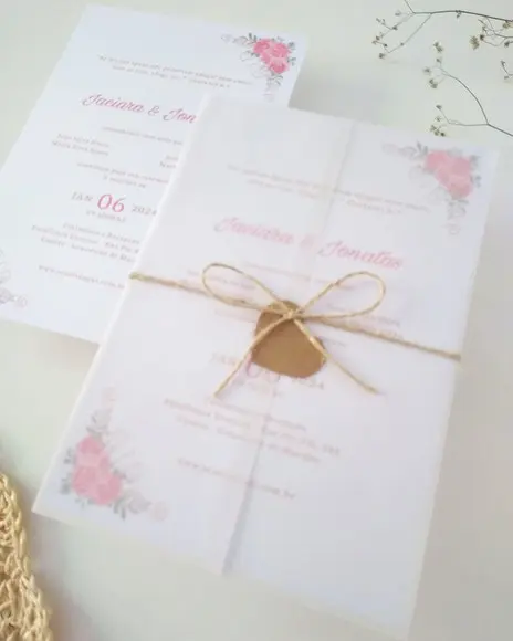 Convite Casamento Papel Vegetal Floral Coral