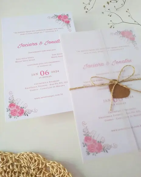 Convite Casamento Papel Vegetal Floral Coral