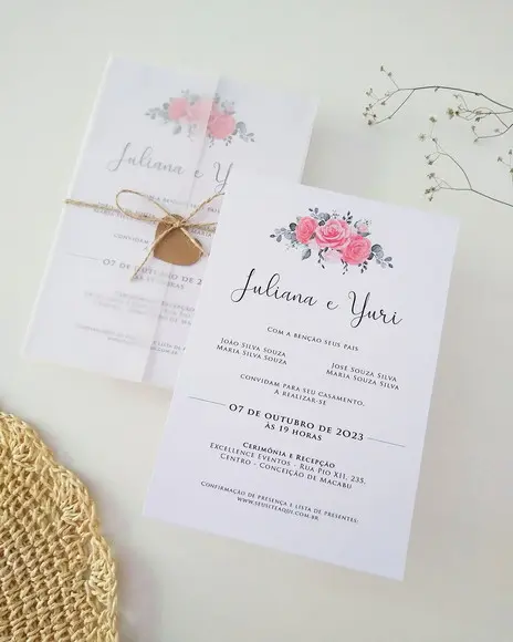 Convite Casamento Papel Vegetal Floral Coral