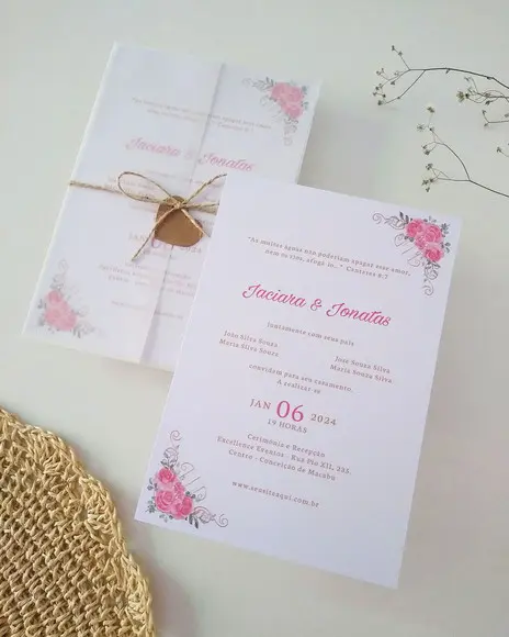 Convite Casamento Papel Vegetal Floral Coral