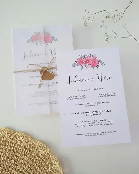 Convite Casamento Papel Vegetal Floral Coral