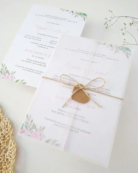 Convite Casamento Papel Vegetal Minimalista Floral