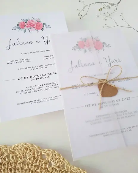 Convite Casamento Papel Vegetal Floral Coral