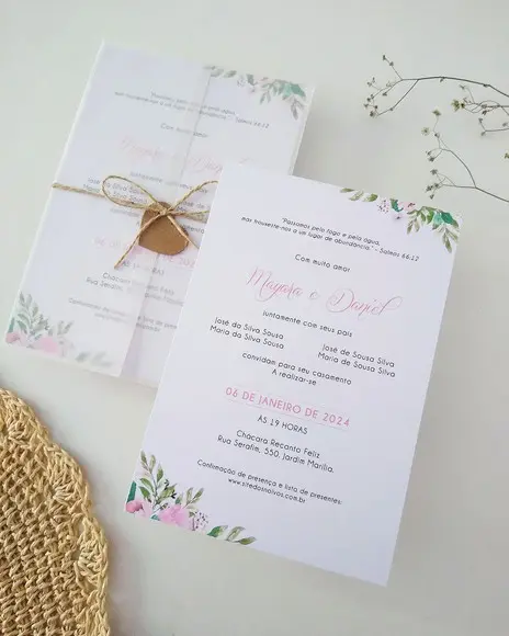 Convite Casamento Papel Vegetal Minimalista Floral
