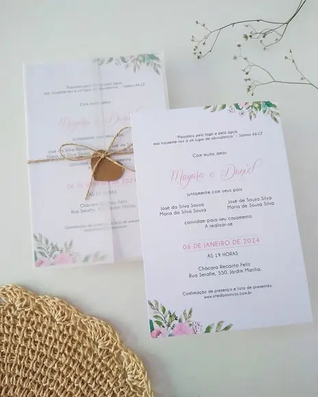Convite Casamento Papel Vegetal Minimalista Floral