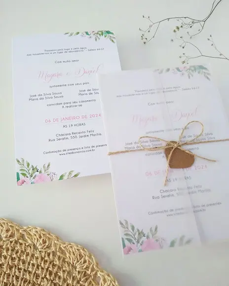Convite Casamento Papel Vegetal Minimalista Floral