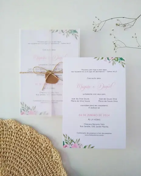 Convite Casamento Papel Vegetal Minimalista Floral