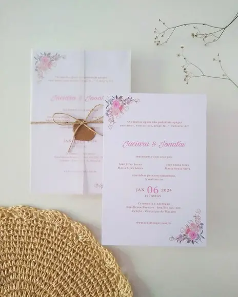 Convite Casamento Papel Vegetal Minimalista Floral Candy