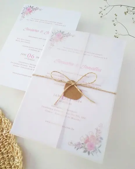 Convite Casamento Papel Vegetal Minimalista Floral Candy