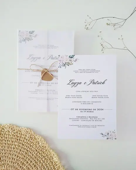 Convite Casamento Papel Vegetal Minimalista Floral Branco