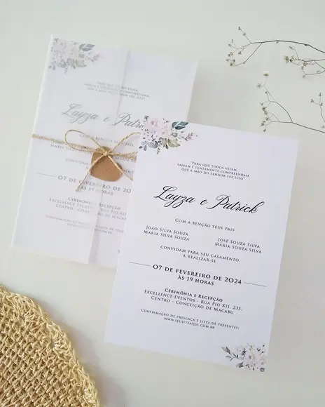 Convite Casamento Papel Vegetal Minimalista Floral Branco