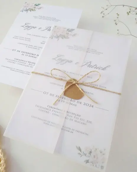 Convite Casamento Papel Vegetal Minimalista Floral Branco