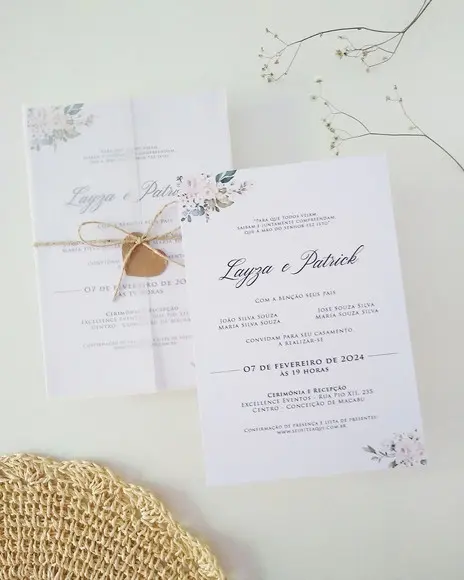 Convite Casamento Papel Vegetal Minimalista Floral Branco