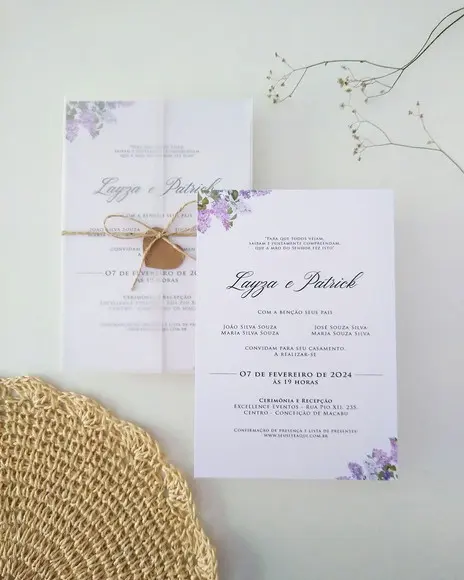 Convite Casamento Papel Vegetal Minimalista Floral Lavanda
