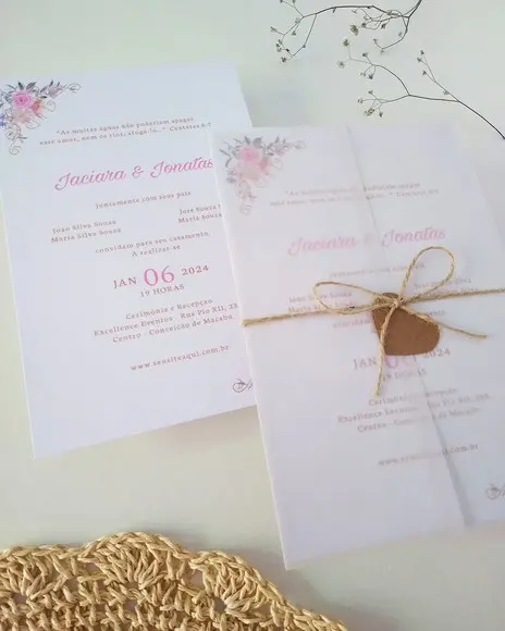 Convite Casamento Papel Vegetal Minimalista Floral Candy