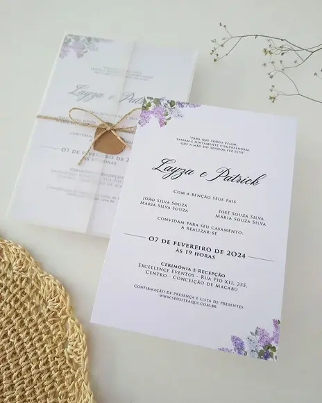 Convite Casamento Papel Vegetal Minimalista Floral Lavanda