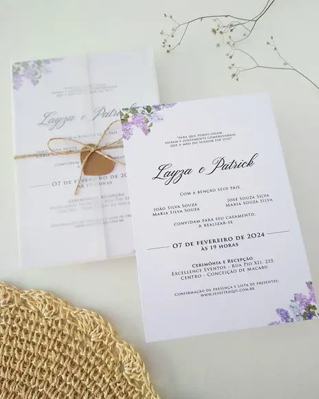 Convite Casamento Papel Vegetal Minimalista Floral Lavanda