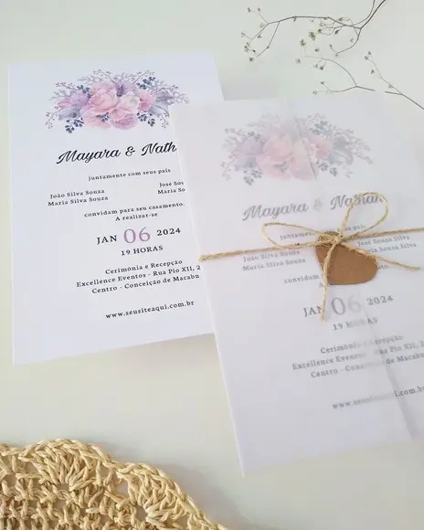 Convite Casamento Papel Vegetal Minimalista Floral Lilás