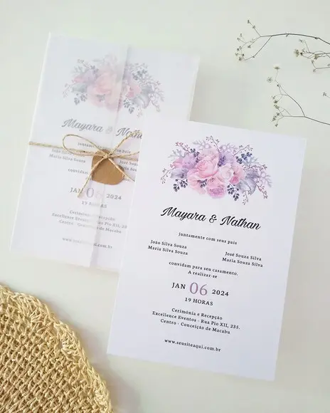 Convite Casamento Papel Vegetal Minimalista Floral Lilás