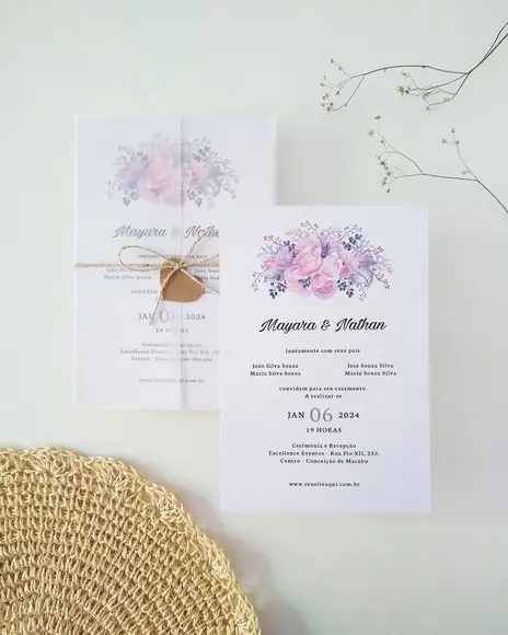Convite Casamento Papel Vegetal Minimalista Floral Lilás