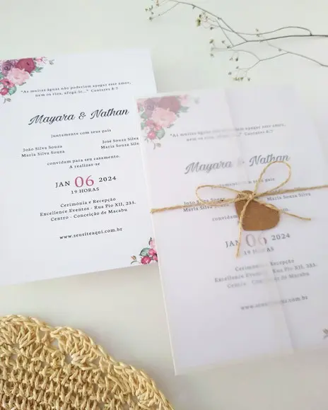 Convite Casamento Papel Vegetal Minimalista Floral Marsala