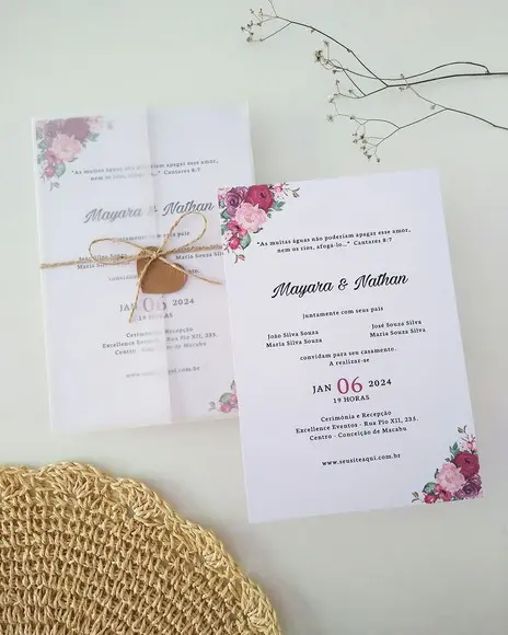 Convite Casamento Papel Vegetal Minimalista Floral Marsala
