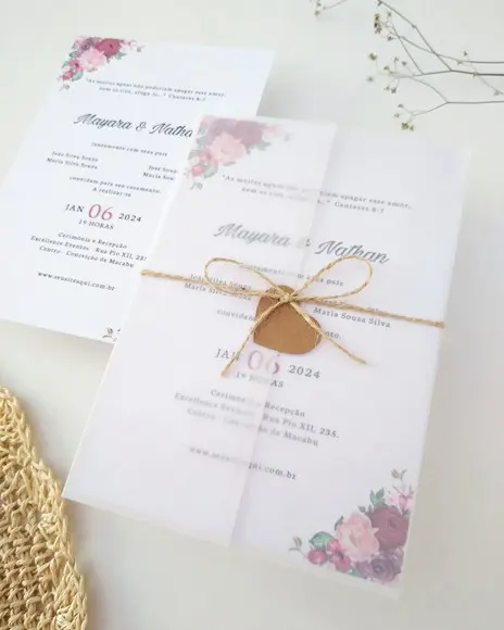 Convite Casamento Papel Vegetal Minimalista Floral Marsala