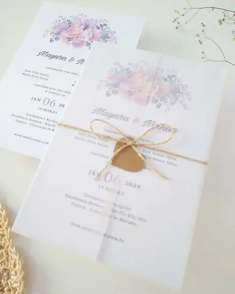 Convite Casamento Papel Vegetal Minimalista Floral Lilás